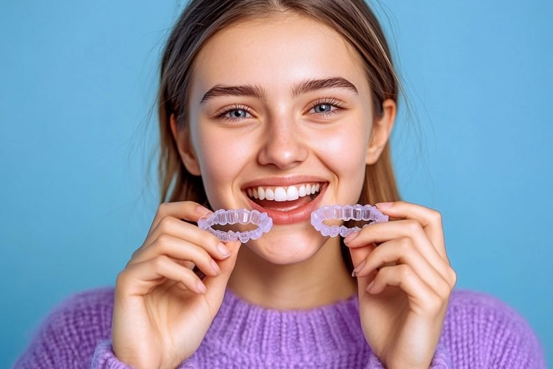 girl-is-holding-piece-candy-with-blue-background-her